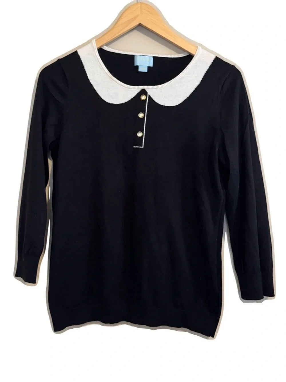 CeCe Black Sweater Intarsia Peter Pan Collar Small